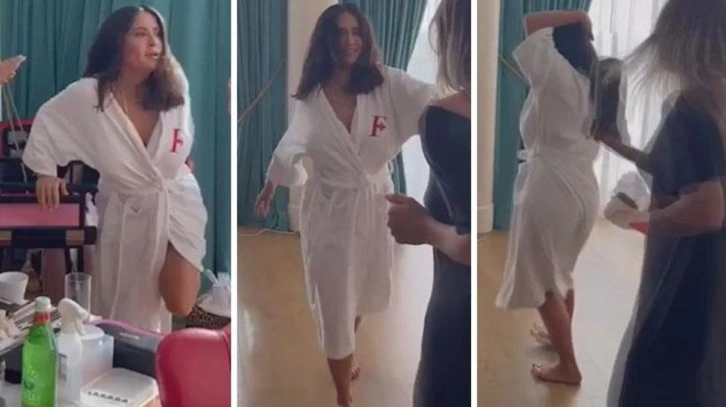 24 milyon takipçiye ulaşan oyuncu Salma Hayek, bornozla dans ederken defalarca kez frikik verdi