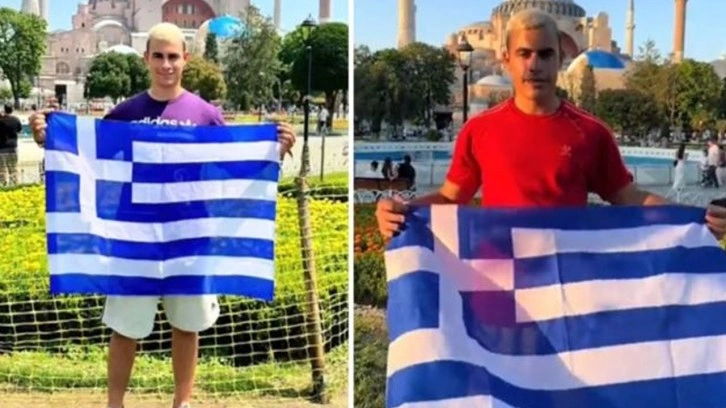 Ayasofya önünde provokasyon! Yunan bayrağı açan fenomen: Bir gün gerçek sahibine dönecek