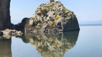 Göle yansıyan kayada ürkütücü görüntü!