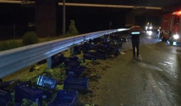 Kuzey Marmara Otoyolu’nda üzüm yüklü kamyon devrildi: 1’i ağır 2 kişi yaralı
