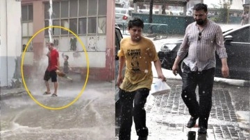 Nimetten kaçılmaz deyip oluğun altına girdi! Bursa'da dolu ve yağmurda şaşırtan olay