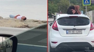 Üsküdar'da ilginç görüntüler: Biri otomobil üstünde, diğeri sahildeki kayalıklarda uyudu